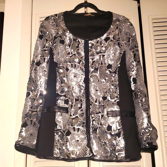 Like new! Joan Boyce faux leather trim silver sequined clasp hook blazer jacket - Picture 1 of 9